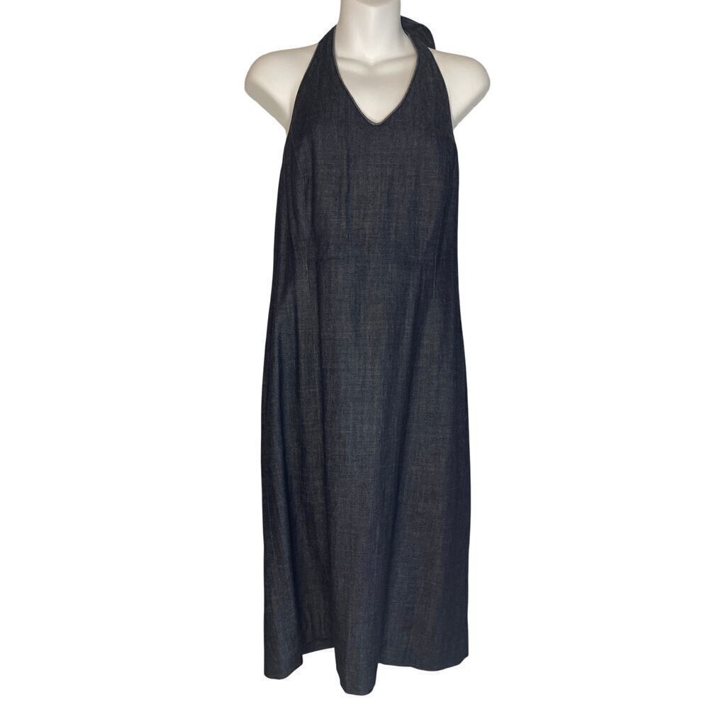 Vintage Y2K Ann Taylor Dark Denim Cotton Halter Dress Women's Size 6
